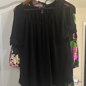 Inc black blouse with open short sleeves that tie and boat neck